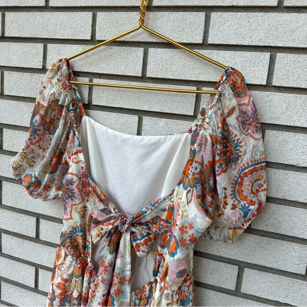 1. STATE Puff Sleeve Gauzy Boho Paisley Floral Tiered Mini Dress Tie Back L